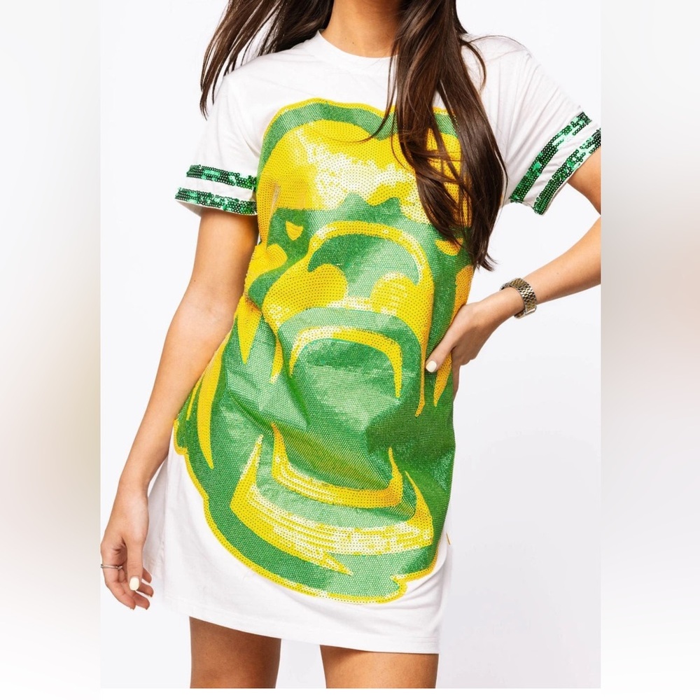 BNWT QOS Queen of Sparkles Baylor Bears T-Shirt Dress w Green and Yellow mascot